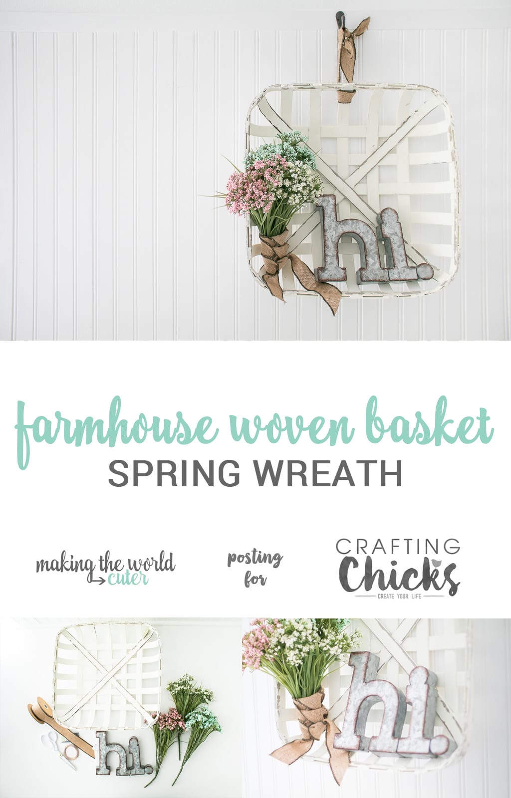 DIY Farmhouse Woven Basket Spring Wreath | Make a darling farmhouse style spring wreath using a woven basket, some spring blooms and cute galvanized metal letters!