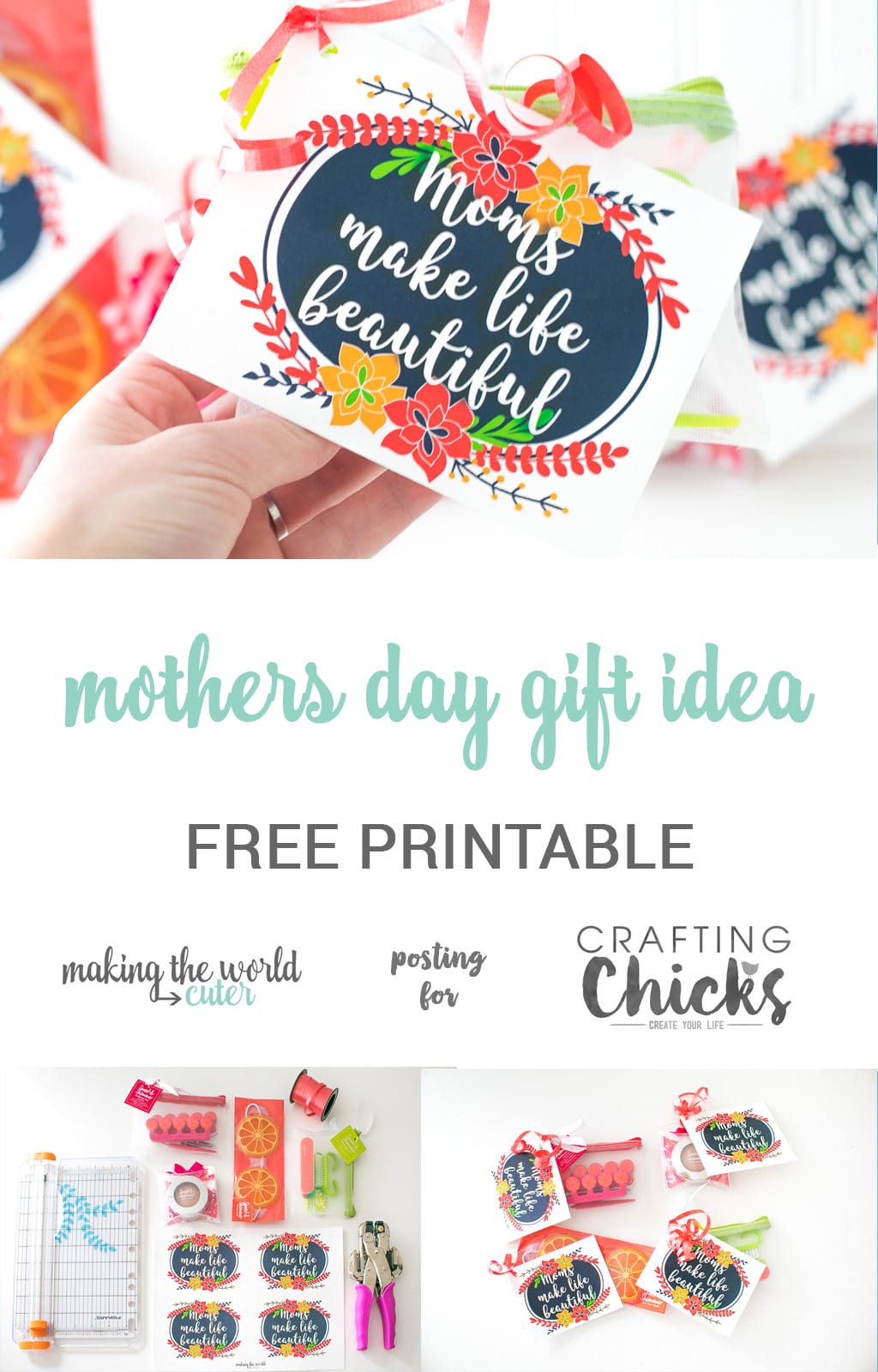 Mother's Day Gift Idea for Friends. Free printable gift tag with a sweet quote "Moms make Life Beautiful". Use it all year round for all the moms in your life!