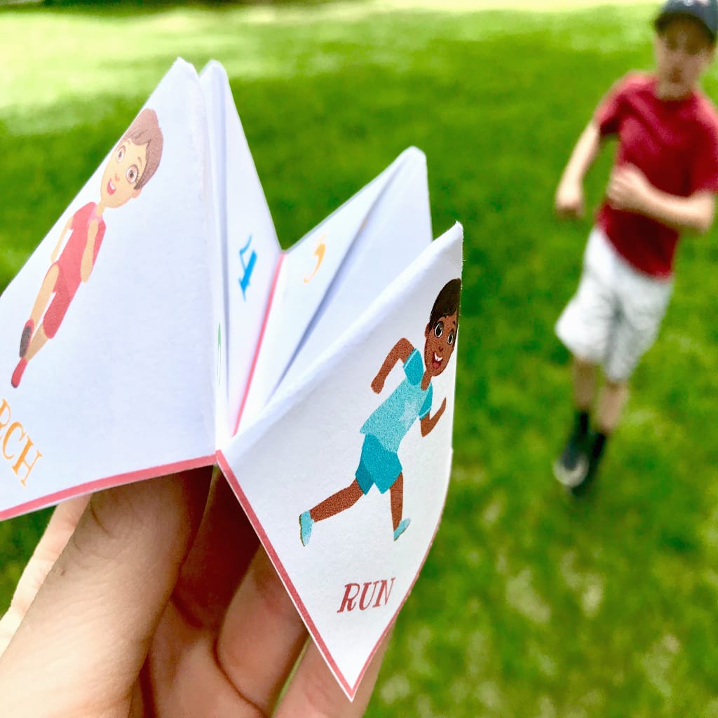 Time to Move Cootie Catcher is a fun way to get kids moving their bodies! This free printable will be a hit. #fitnessforkids #cootiecatcher #timetomove