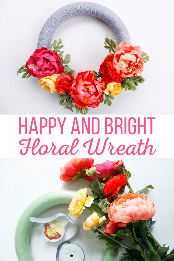 Freshen up your house with this Happy and Bright Floral Wreath. This wreath comes together quickly and is a fun addition to any home decor. #floralwreath #wreathdiy #springwreath #summerwreath