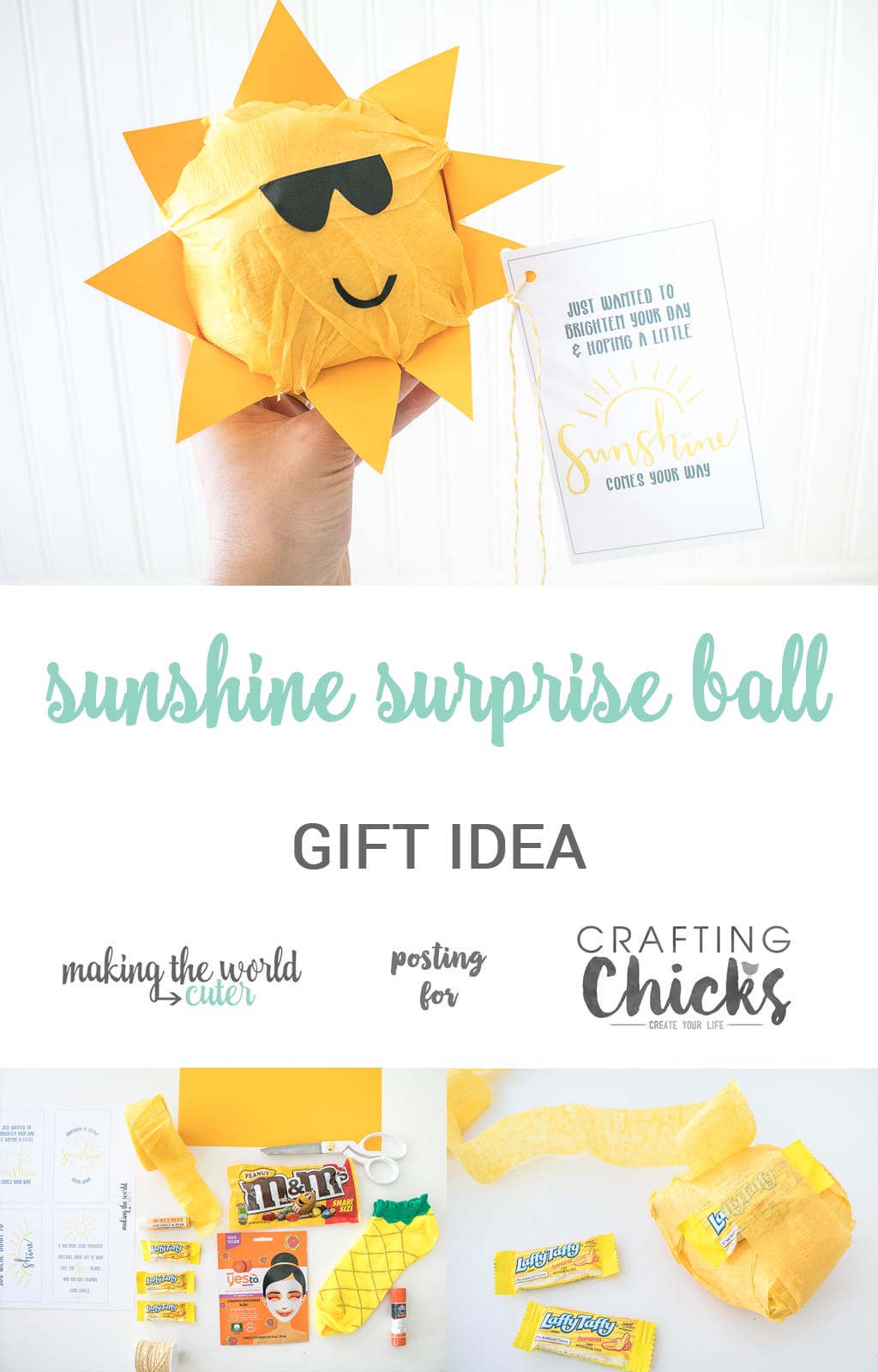 Sunshine Surprise Ball | Looking to make someone's day a little more bright? Make one of these cute sunshine surprise ball gifts for birthdays, get well gifts or just a little random act of kindness! #kindness #kids #activity #craft