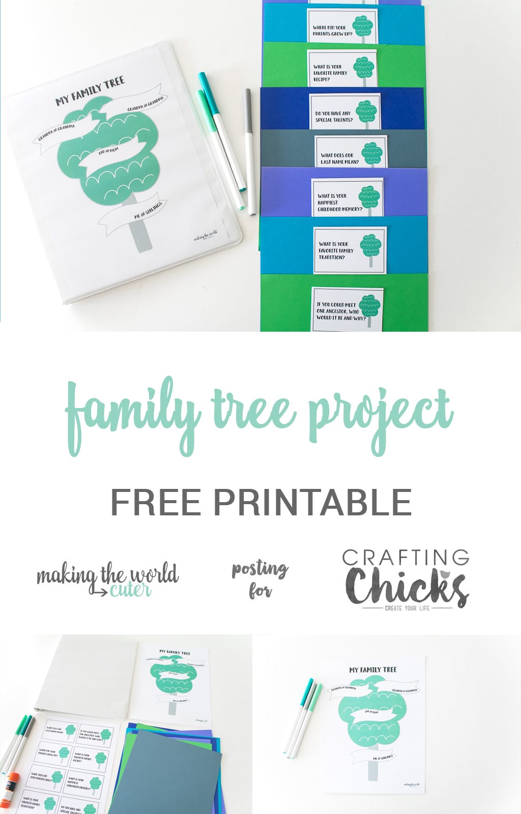 Family Tree Project for Kids with Free Printable Tree and Questions | Print out the family tree and the question cards to make a cute book that will be filled with family memories and history and get the kids excited about family history. #familytree #kids #craft #activity #familyhistory