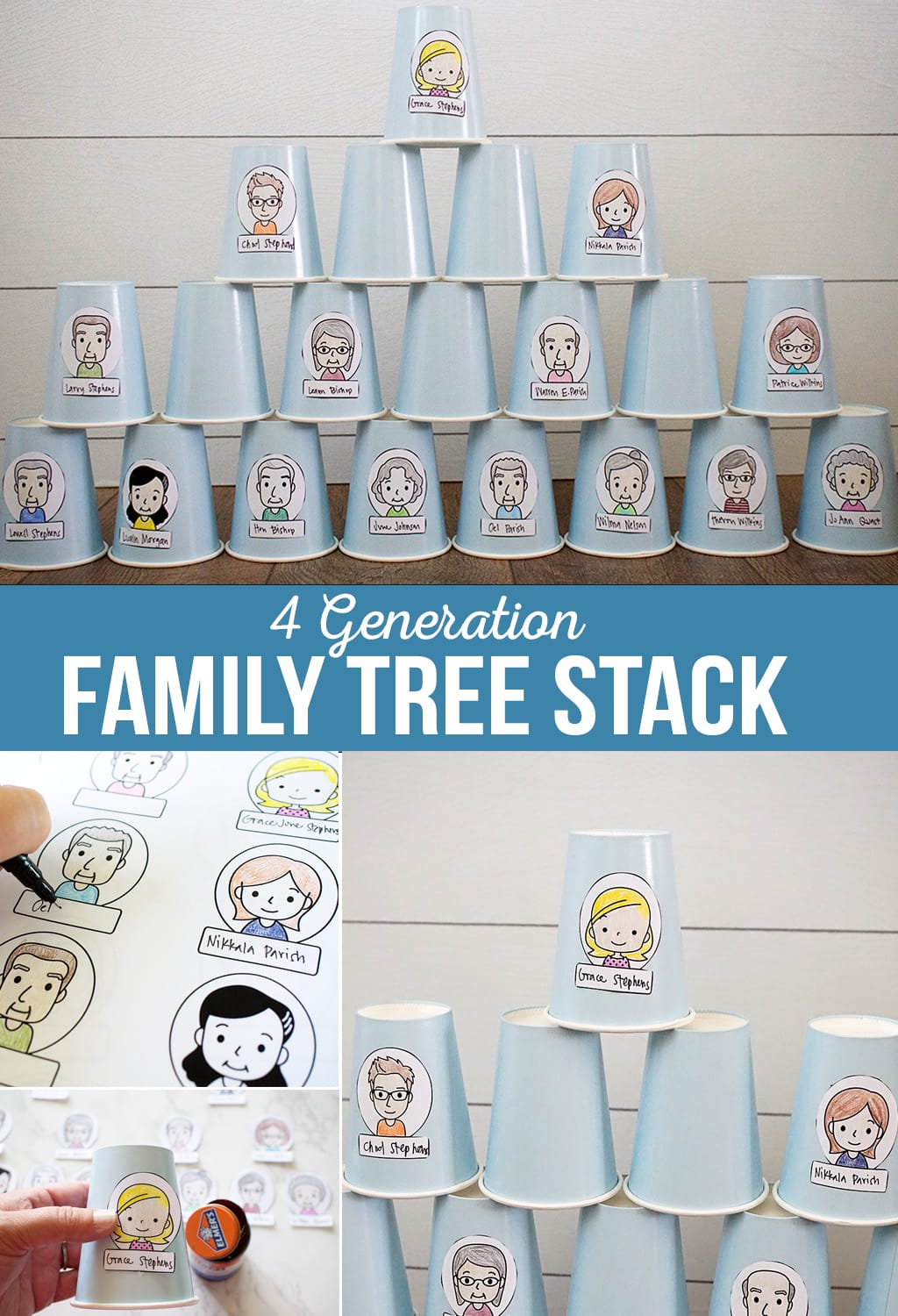 4 Generation Family Cup Stack | Get to know your family tree with a fun cup stack activity! Printables and instructions to make your own family stack. #familytree #printables #activitydays #familyhomeevening