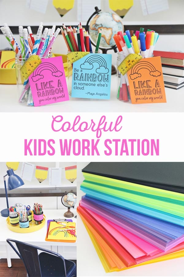 Colorful Kids Work Station with lazy susan that has coloring supplies and lots of colorful paper.