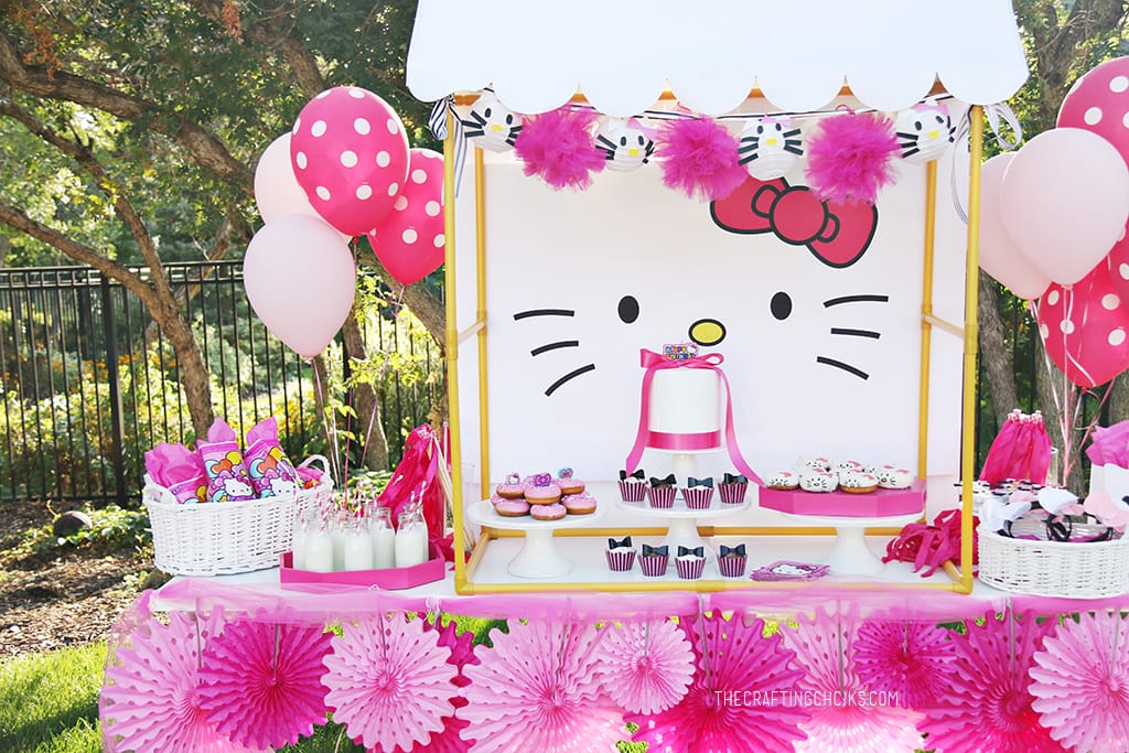 Hello kitty birthday party dessert table set up with printable backdrop and bright and light pink party fans
