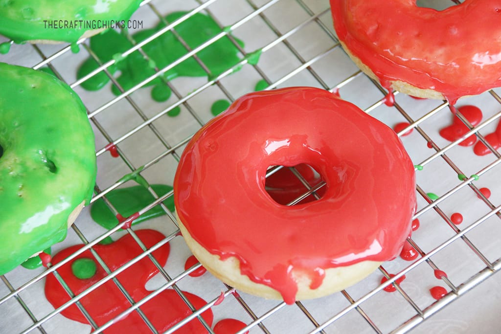 Donuts dipped in red and green glaze