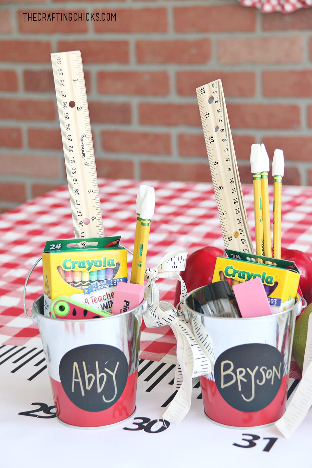 Back to School Supply Gift Idea. School supplies in a small tin bucket
