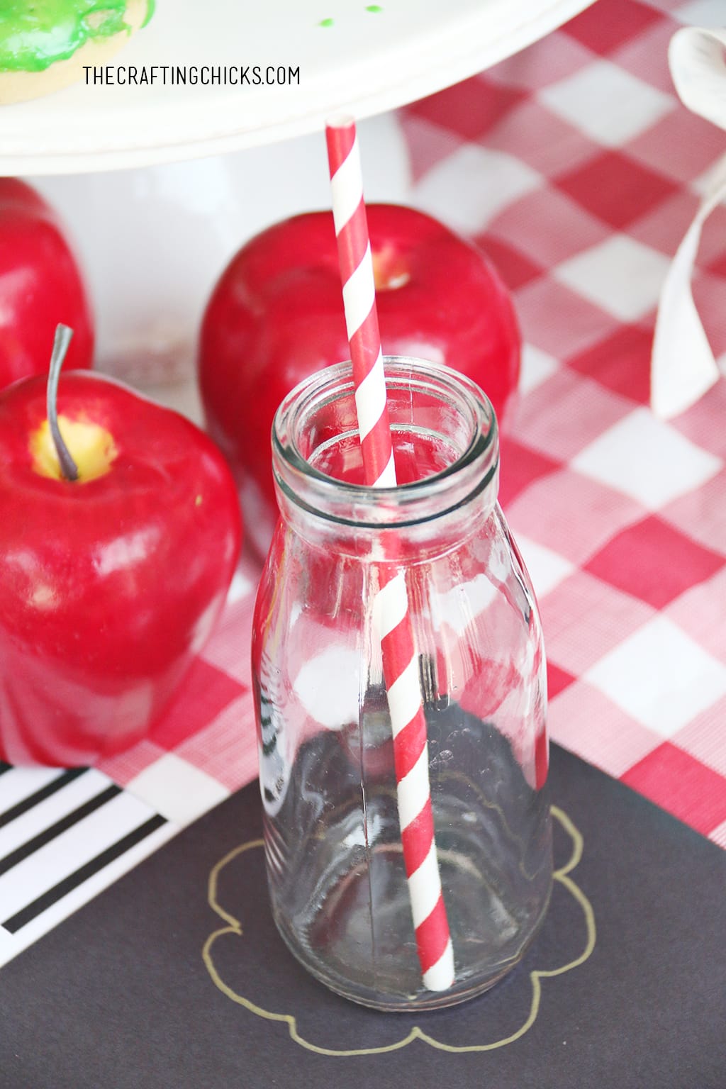 Glass milk jar on table for Back to School Party Place Settings