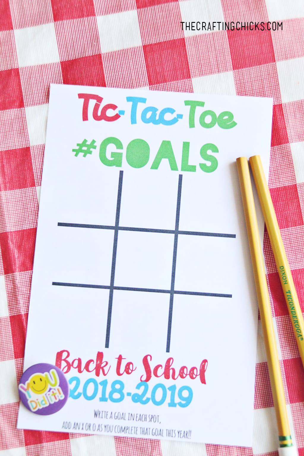 Back to School Goal Setting Tic-Tac-Toe printable with pencils on table