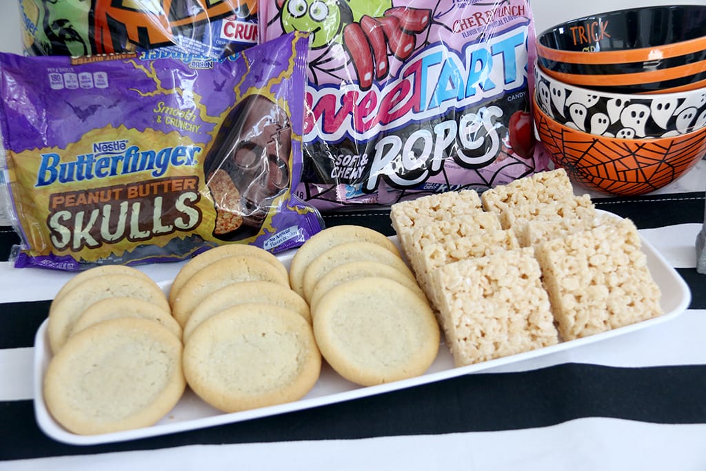 sugar cookies and rice cereal treats for monster cookie decorating station