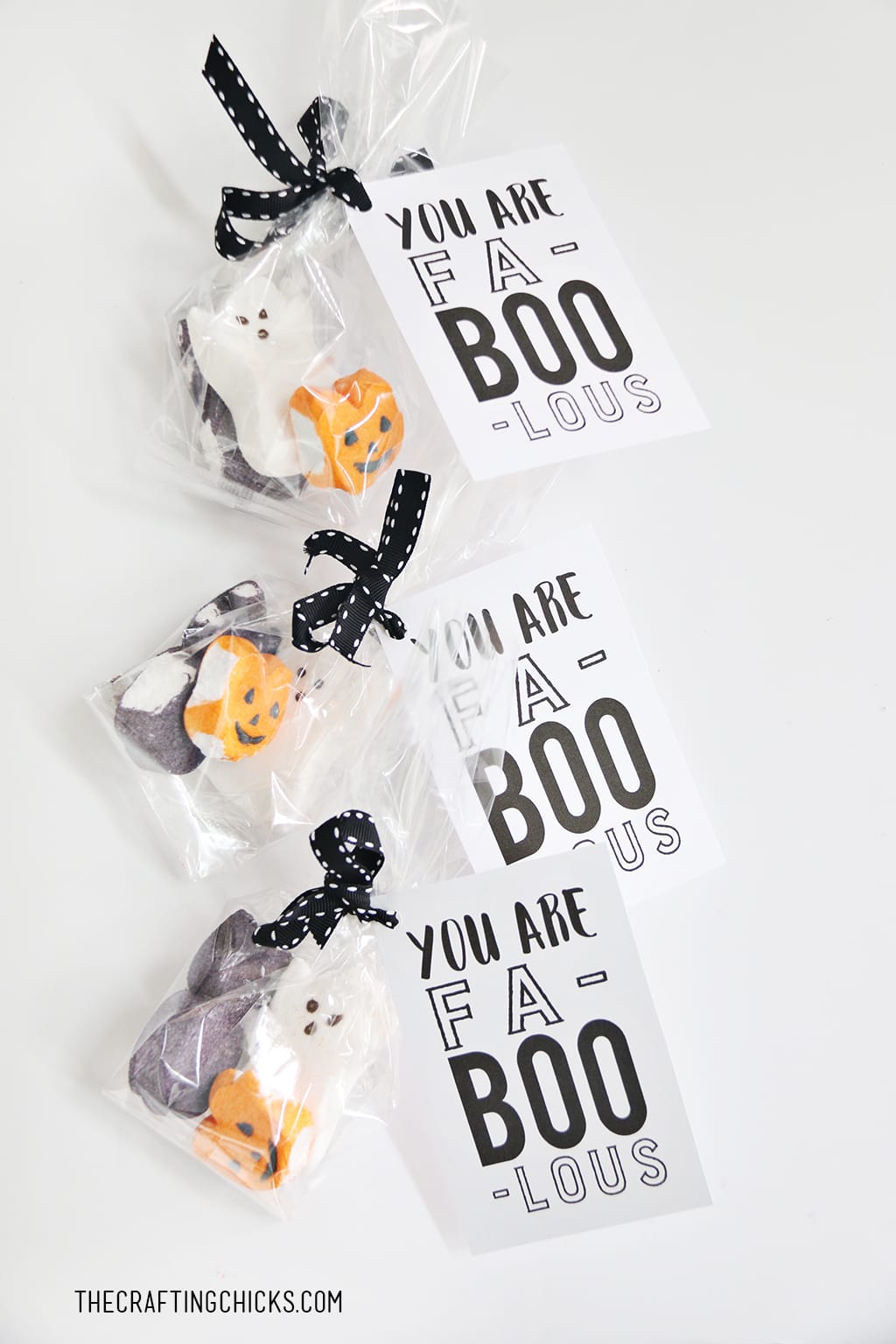 Fa "BOO" Lous Halloween Treat Tag tied to gift sacks with Peeps Candy Treats