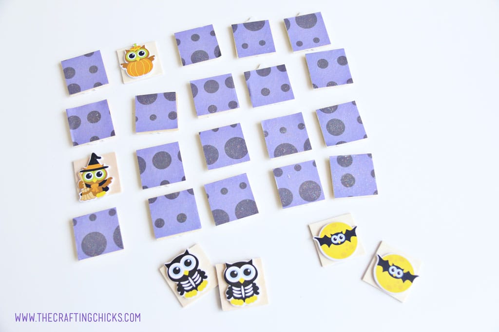 Puffy Owl Stickers on wooden squares to make Halloween Owl Memory Game