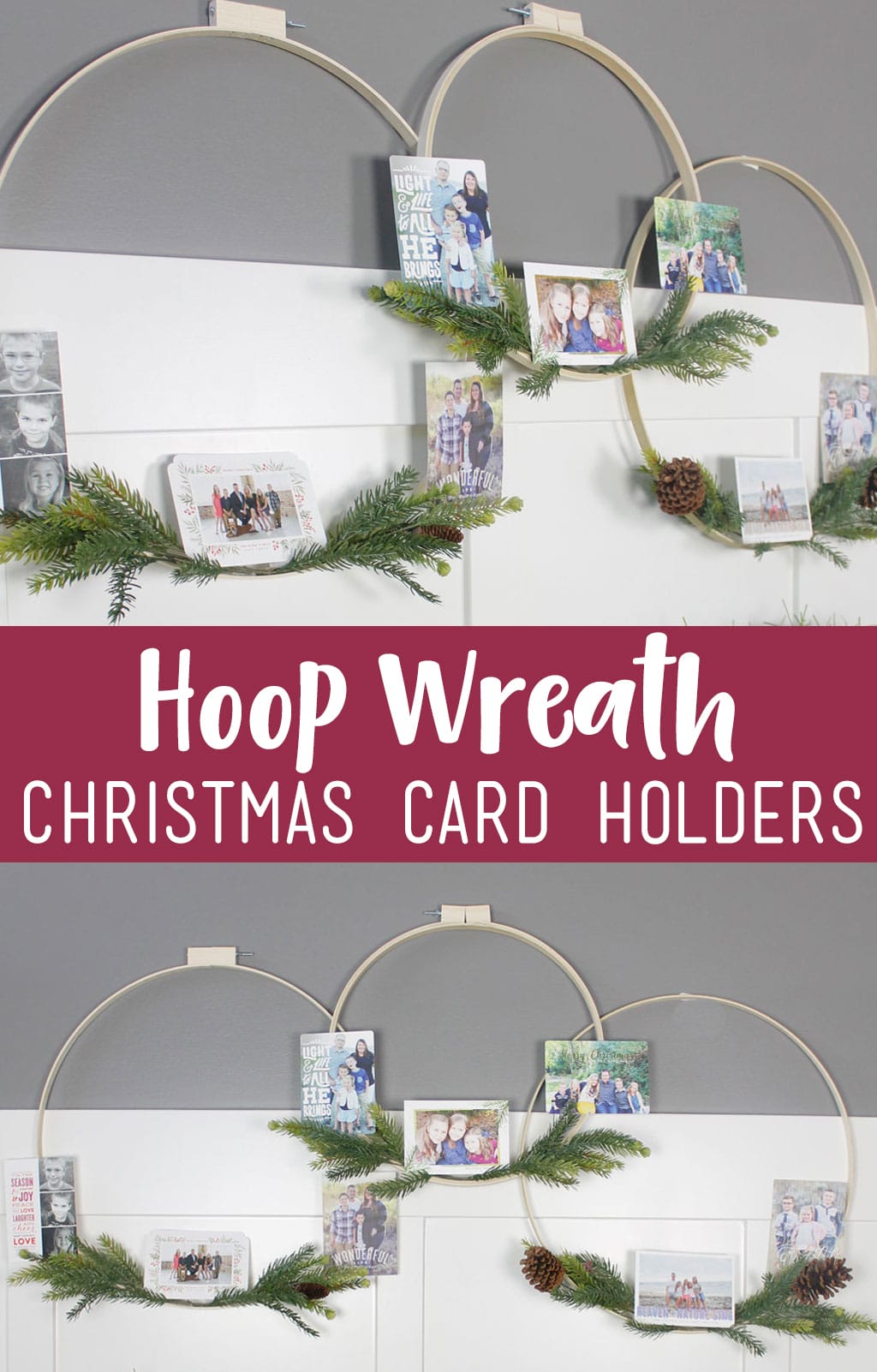 If you love displaying your holiday cards, you are going to love making these Hoop Wreath Christmas Card Holders. They are perfect as home decor, but double to display your @Minted holiday cards. #hoopwreath #christmascarddisplay #chirstmascardholder #Mintedholiday #spons