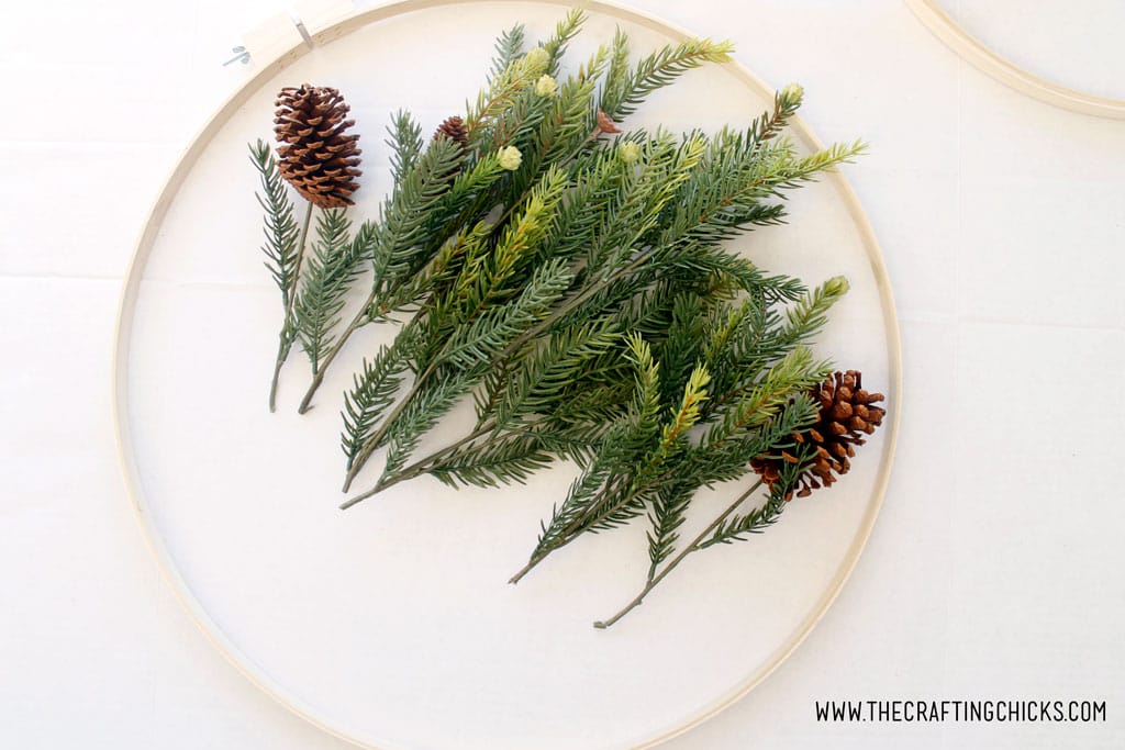 Faux pine branches or picks, separated inside an embroidery hoop.