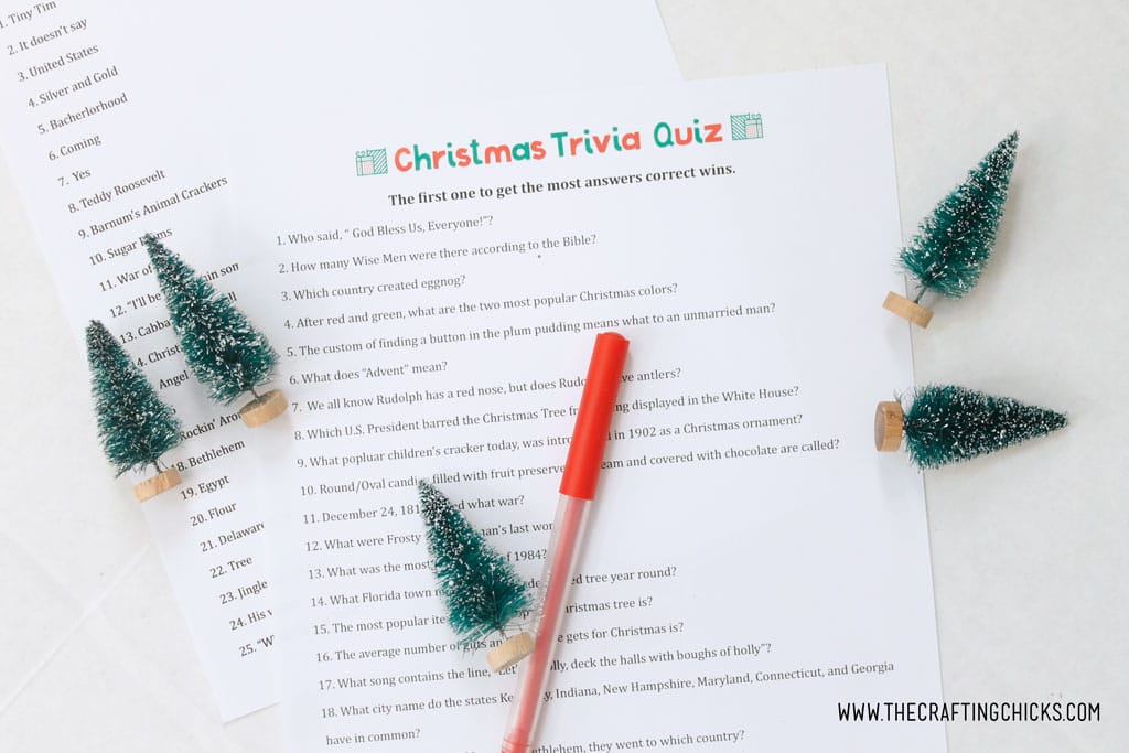 Christmas Trivia Quiz free printable game for holiday parties.