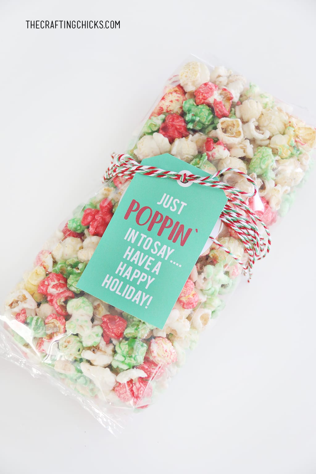 Just Poppin' In Christmas Popcorn Tag wrapped to a bag of holiday popcorn with bakers twine.