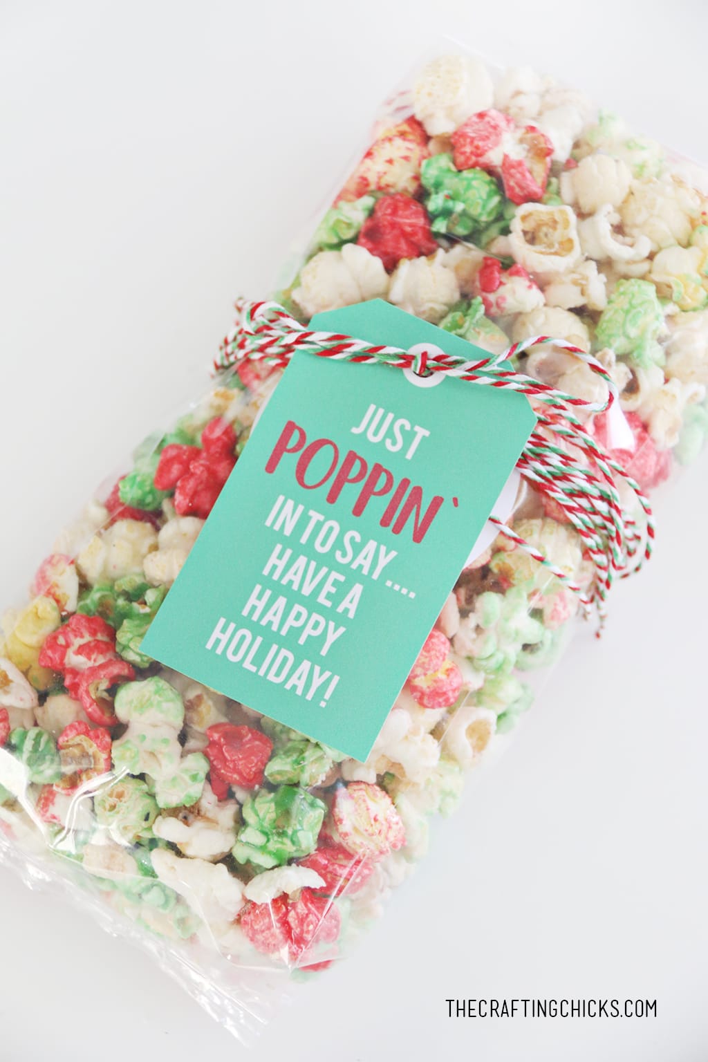 Easy Christmas gift idea with Just Poppin' In Christmas Popcorn Tag on a bag of red, green, and white popcorn.