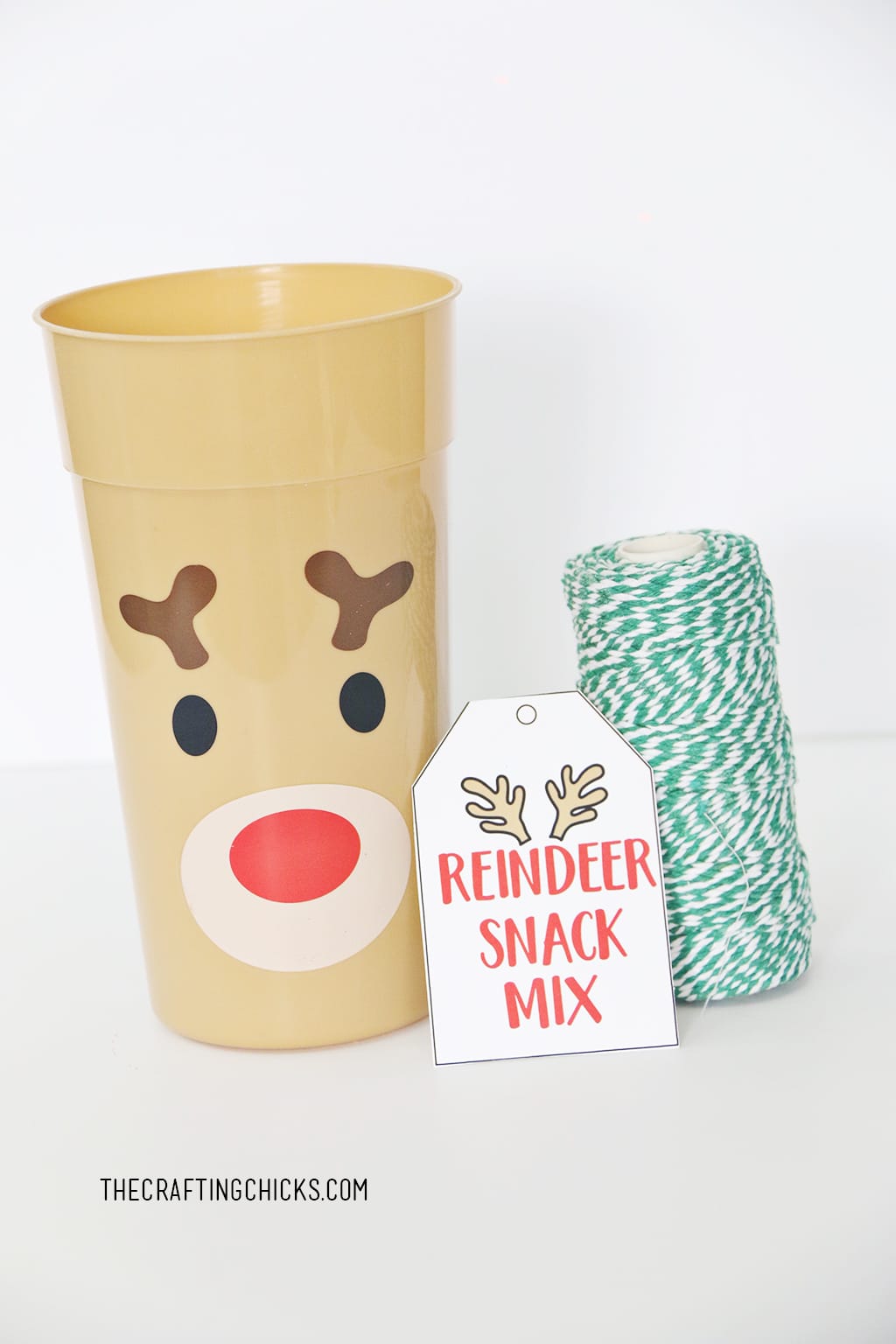 Reindeer tumbler cup with gift tag and green bakers twine.