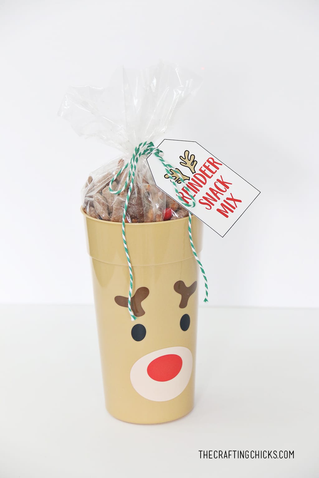 Reindeer Sack Mix inside plastic reindeer tumbler cup with gift tag.