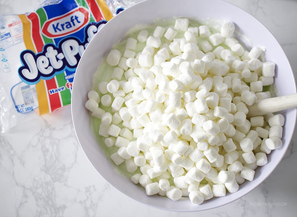Mini marshmallows mixed into a Watergate Salad