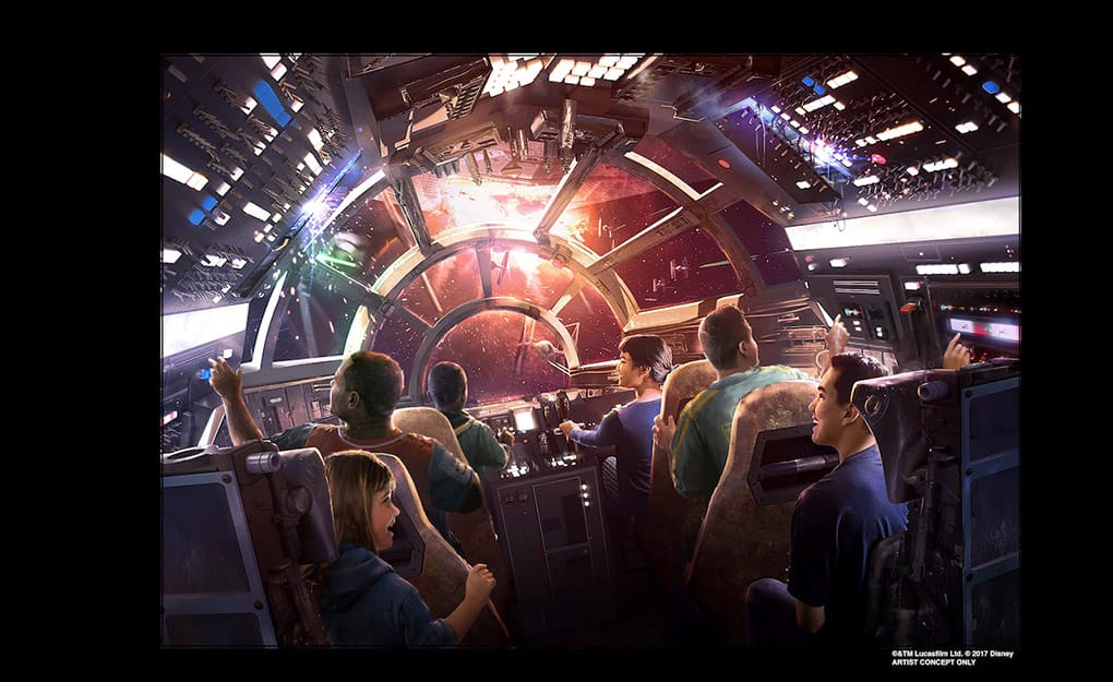 Artist concept of Millennium Falcon: Smuggler’s Run at Star Wars: Galaxy Edge at Disneyland Resort