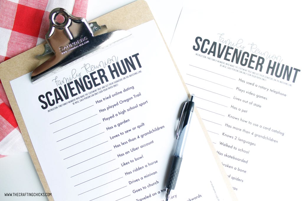 Two pages of free printable of Family Reunion Scavenger Hunt with black pen.