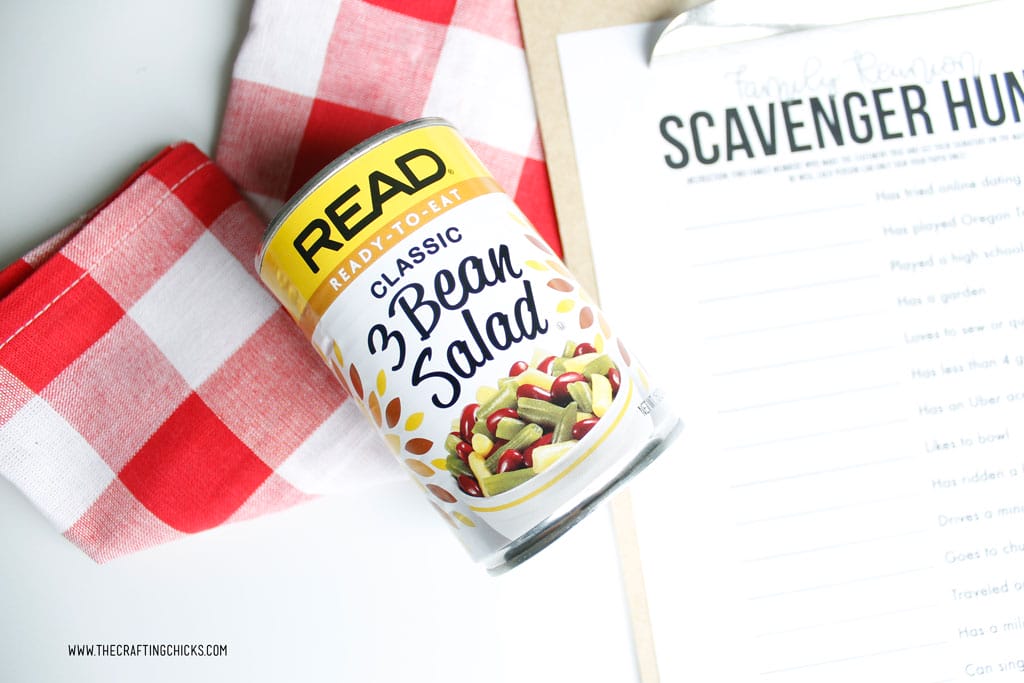 READ ® Salad 3-Bean Salad in a can next to the Family Reunion Scavenger Hunt Printable Game