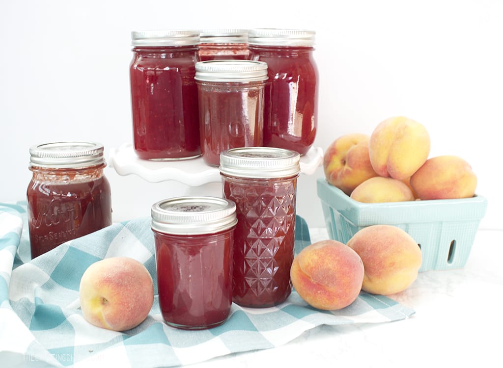 peach and raspberry bottles of jam