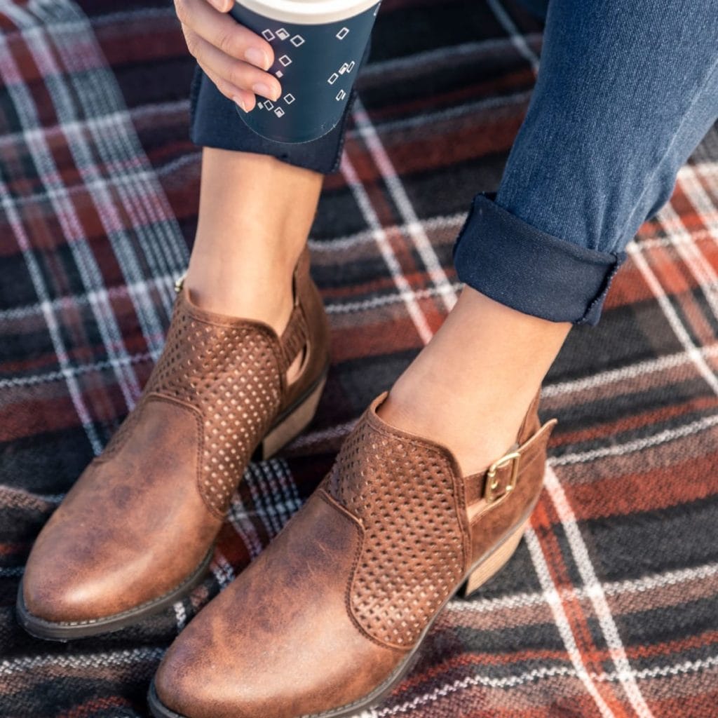 Brown leather Perforated western ankle booties