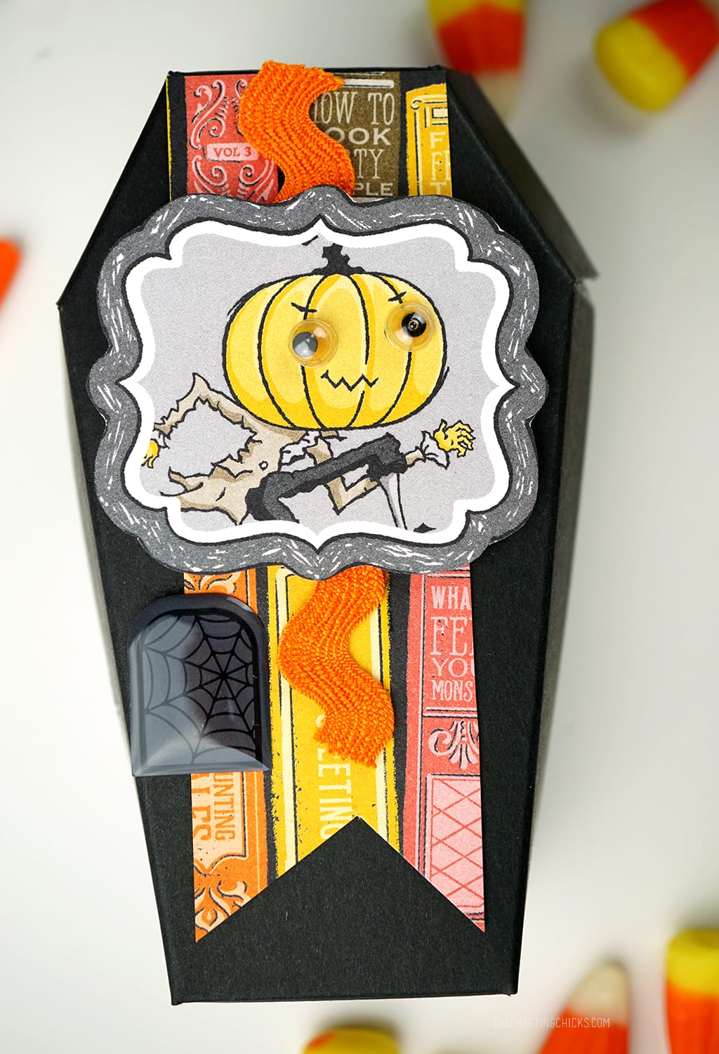Black Paper Coffin with Halloween paper to decorate as a Halloween Treat Box