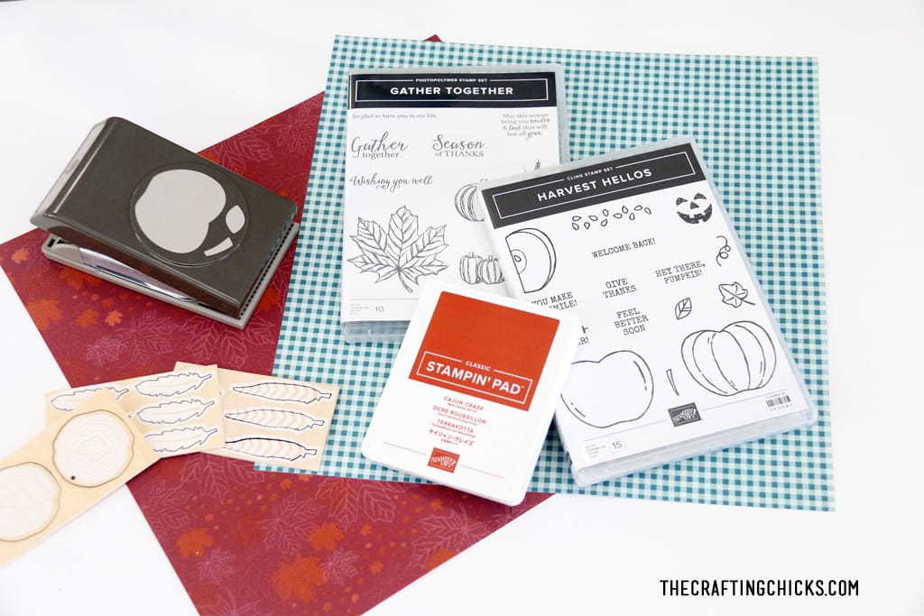 Stampin Up pumpkin stamp sets with wooden feathers and fall paper.