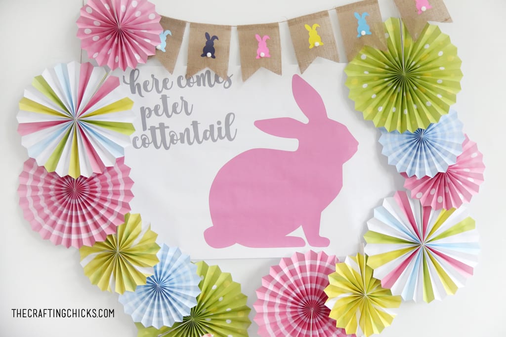 Easter table for kids with big Pink bunny printable backdrop