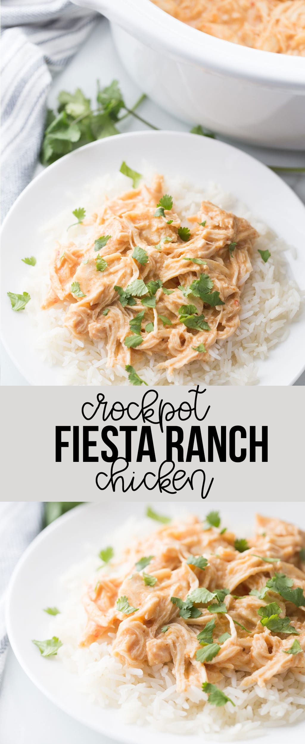Crockpot Fiesta Ranch chicken served over white rice with cilantro sprinkled over top.