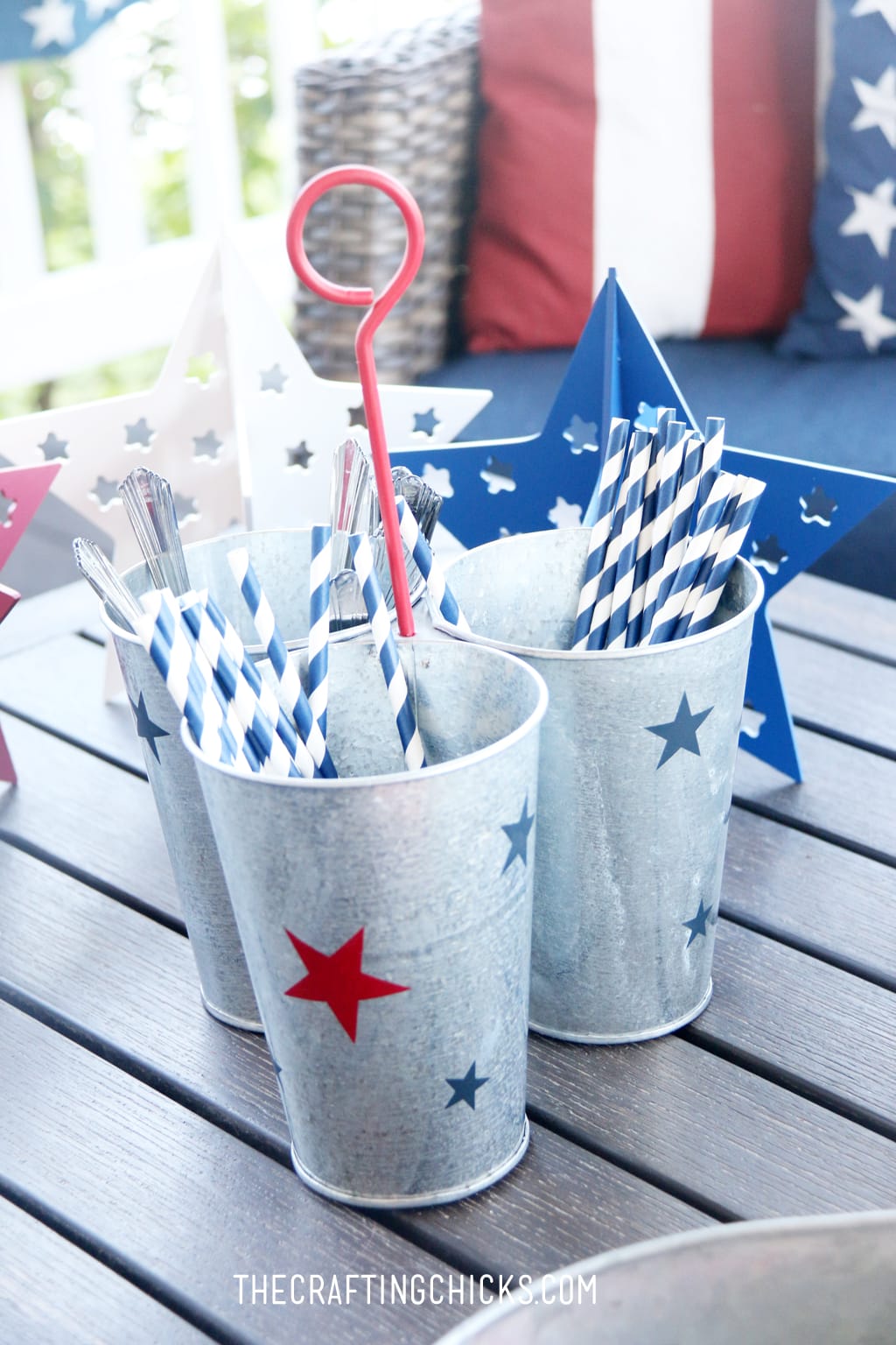 Metal Galvanized utensil holder with red and blue stars.