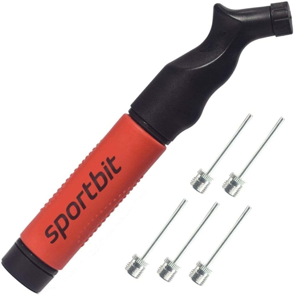 Red Sports ball pump that all sports moms should have.