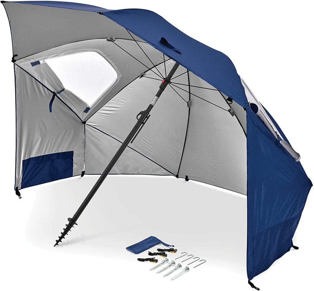Blue Sportsbrella with all the equipment that comes with it. Something all sports moms must have