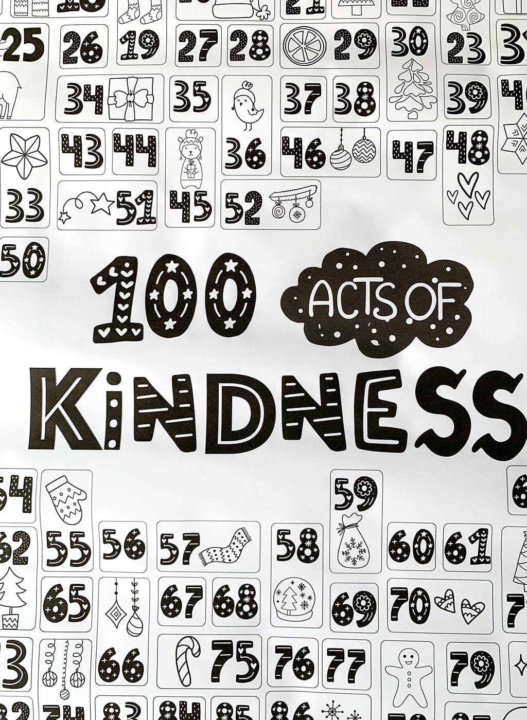 Black and white copy of 100 Acts of kindness countdown coloring page