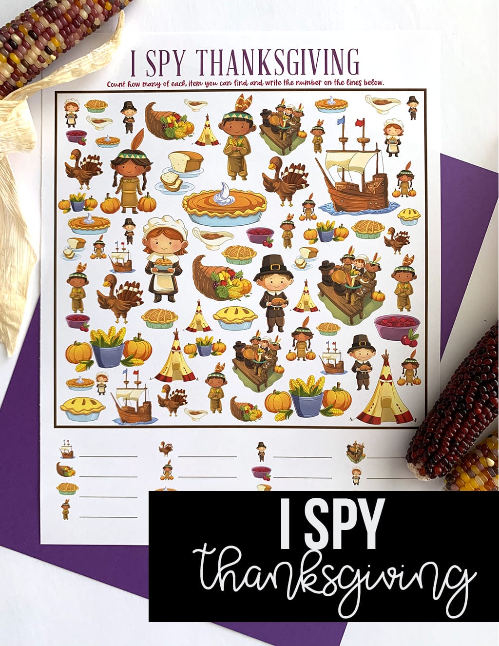 Free Printable I-Spy Thanksgiving Game with Indian corn and purple paper background.