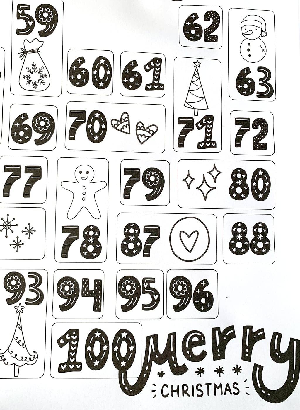 100 Acts of Kindness Coloring Countdown black and white image