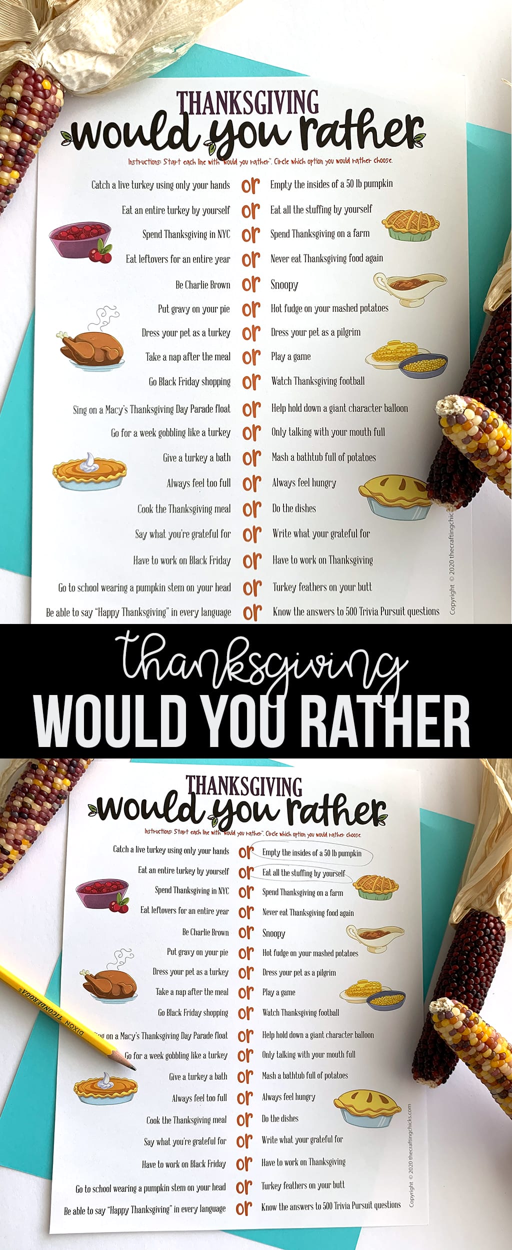 Need a fun game to play around your Thanksgiving table? Our Thanksgiving Would You Rather Free Printable Game will have everyone laughing. #thanksgiving #thanksgivinggame #thanksgivingprintable