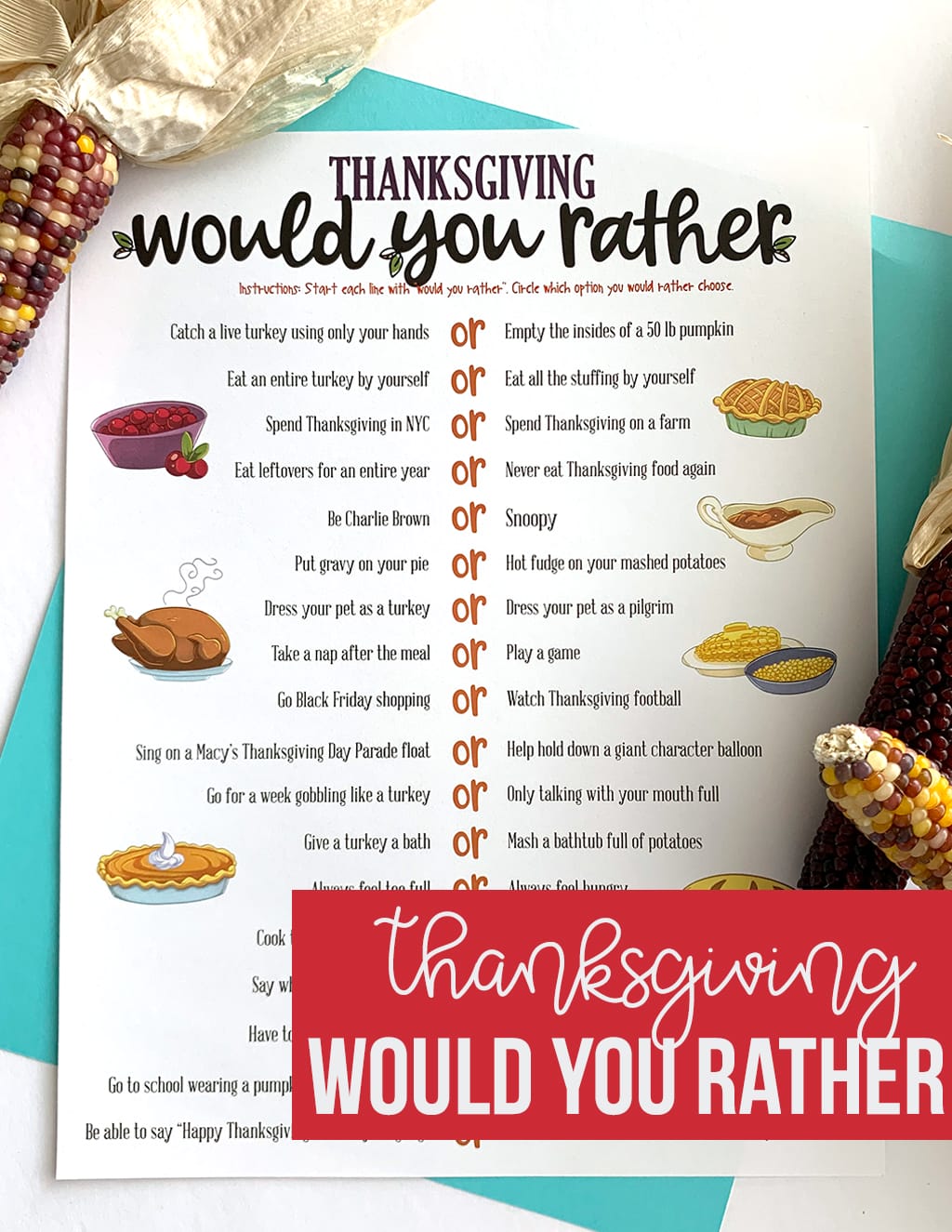 Printable Thanksgiving Would You Rather game on a blue background
