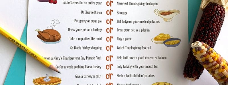 Would You Rather Thanksgiving Free Printable game on a blue background with preferences circled