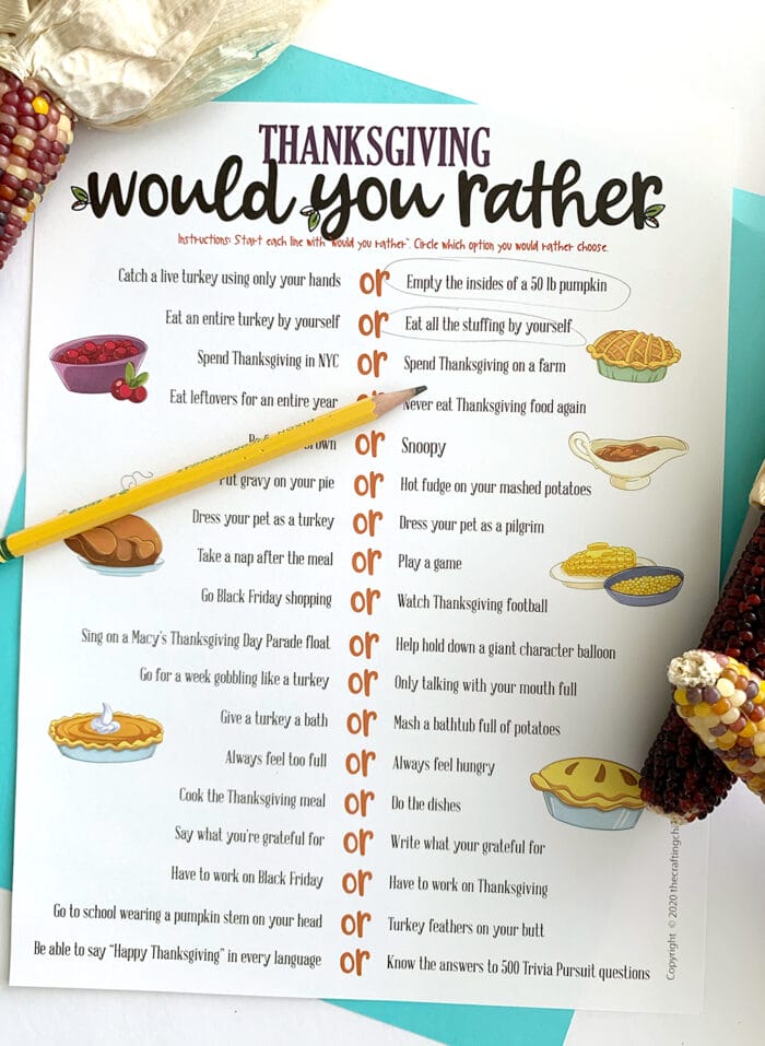 Thanksgiving Would You Rather Free Printable Game - The Crafting Chicks