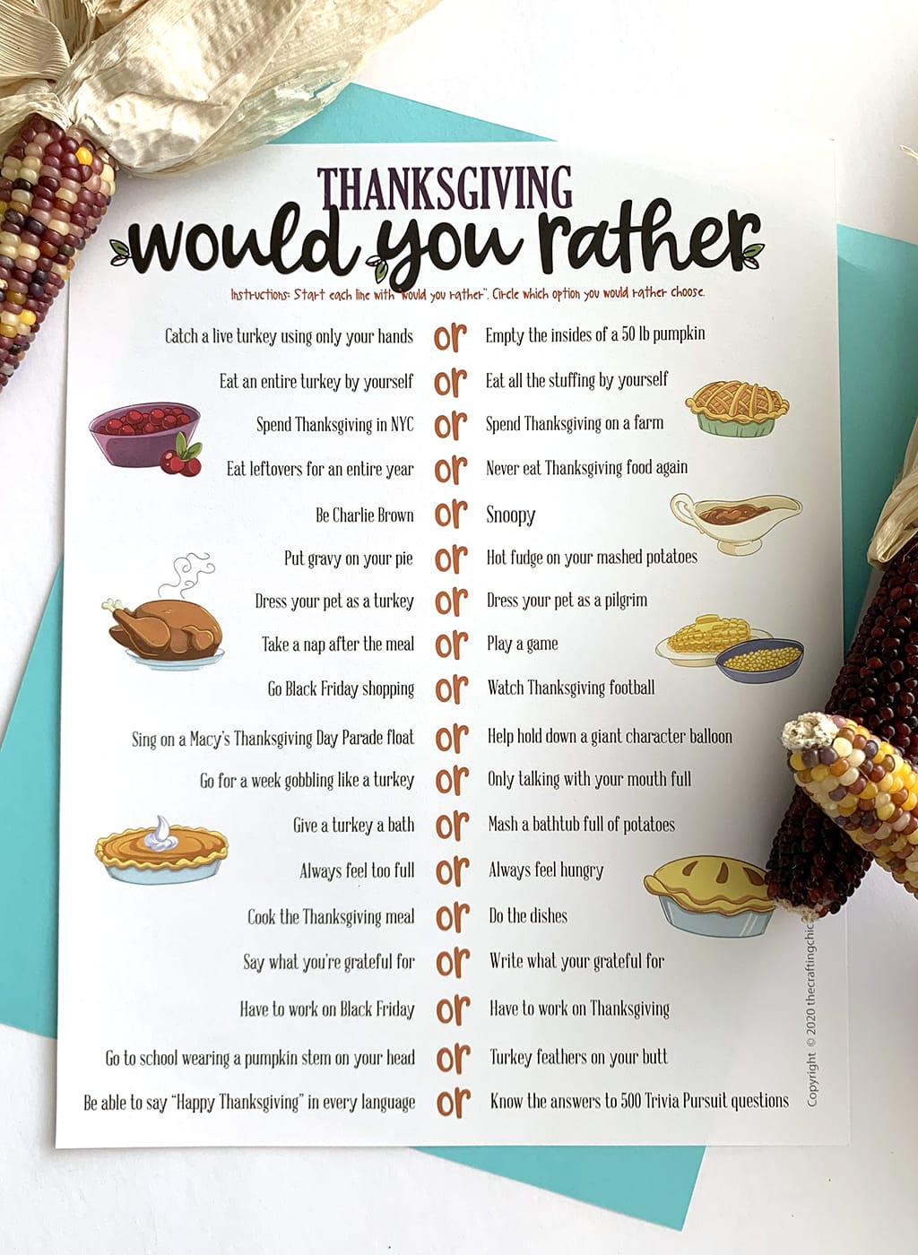 Would You Rather Thanksgiving Free Printable game on a blue background with Indian corn in the background