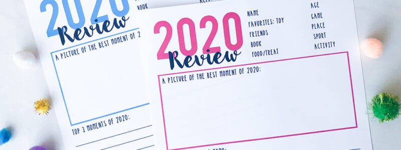 Year in review printables for kids and family on white background and blue and pink typing
