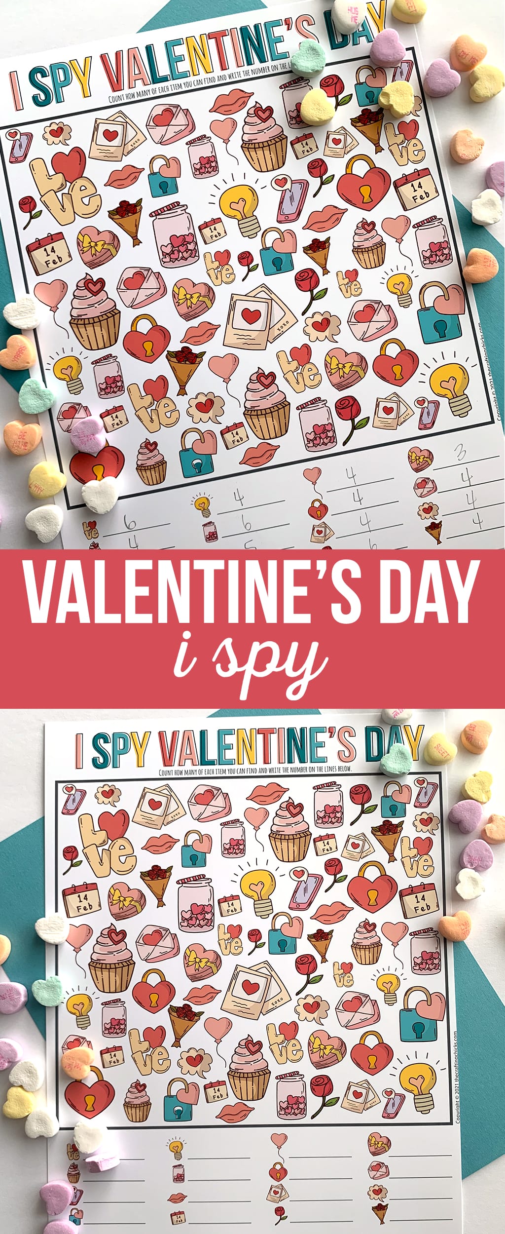 I Spy Valentine Free printable on a teal backdrop with conversation heart candies.