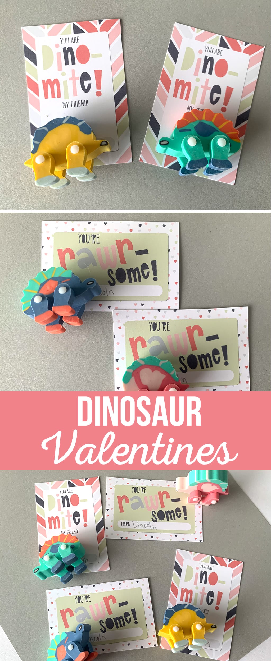 Dinosaur Valentines on a gray background with Dinosaur erasers.