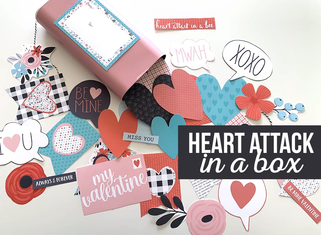 Printable Heart Attack in a Box in red, white, black, pink and teal on a white background.