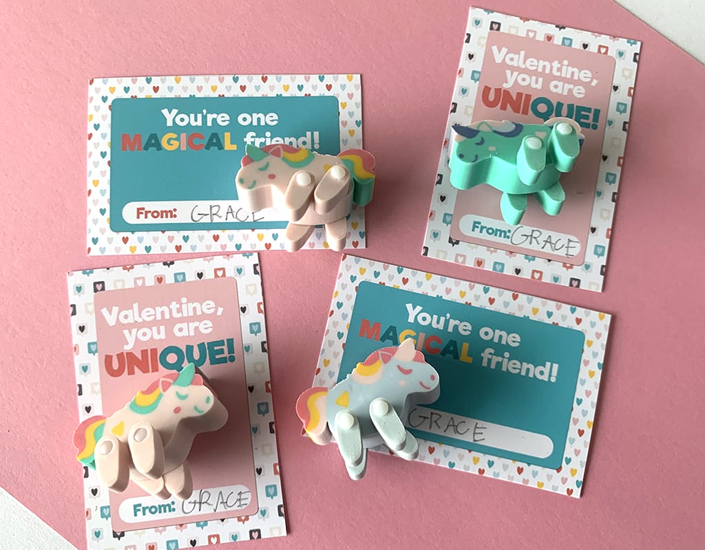 Unicorn Valentien Printables on a pink background