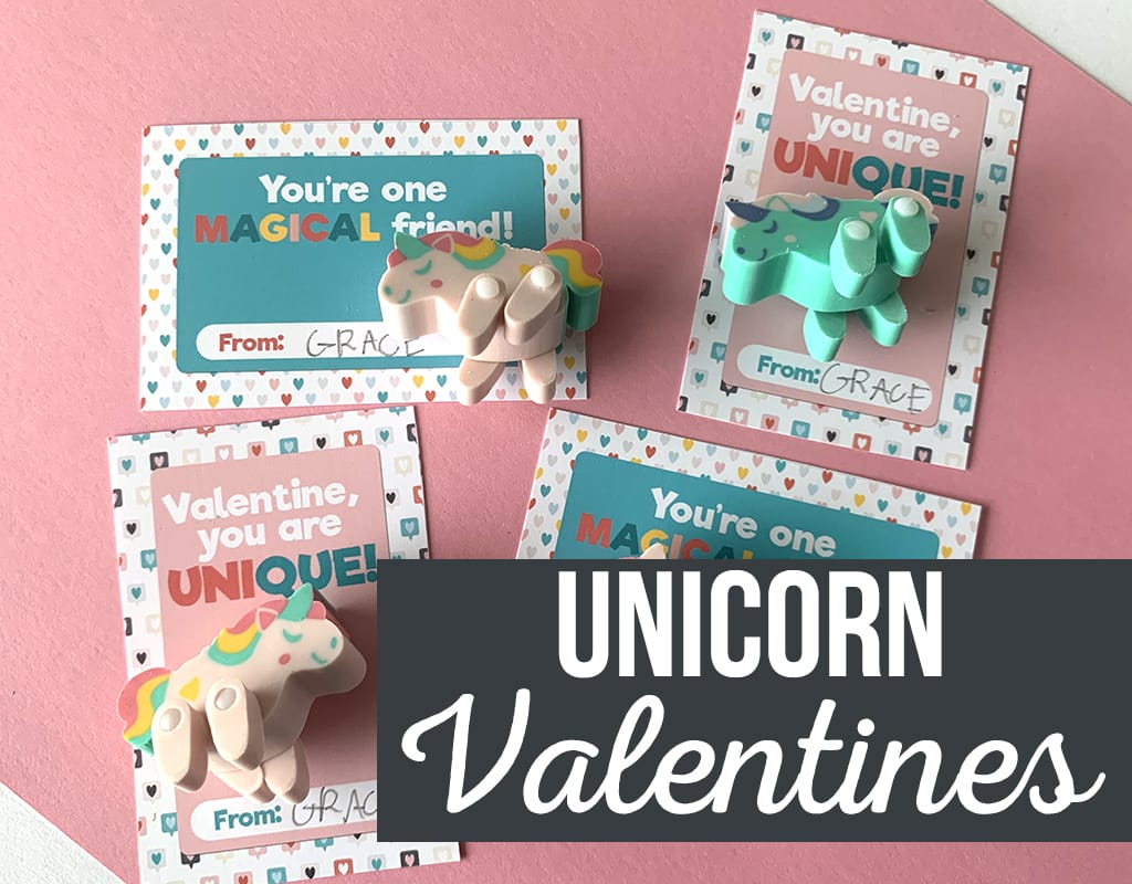 Unicorn Printable Valentines on a pink background